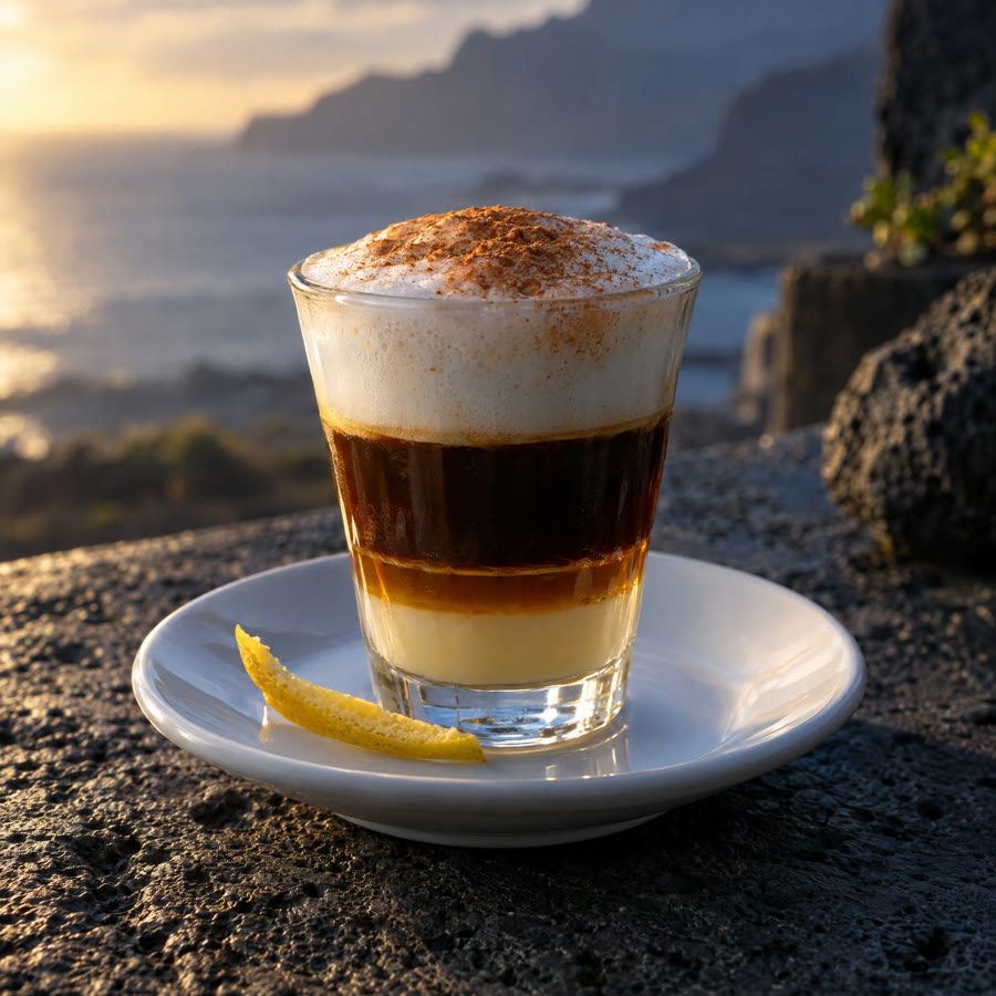 Barraquito en vaso de cristal con capas de café, leche y canela