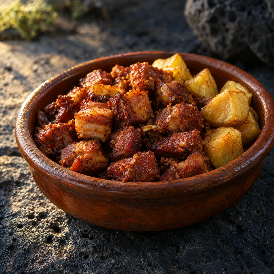 Taquitos de cerdo adobado y frito en un plato de barro