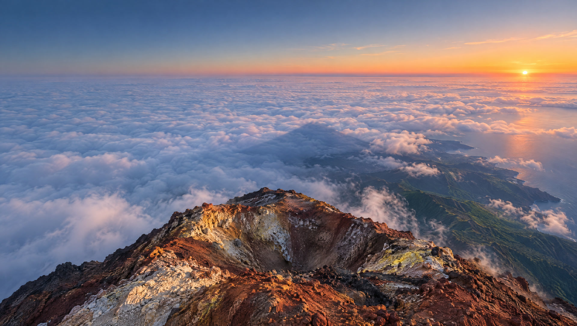Vista desde la cumbre del Teide sobre el mar de nubes al amanecer