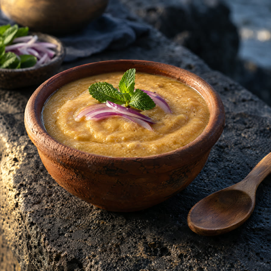Cuenco de gofio escaldado con caldo de pescado y cebolla