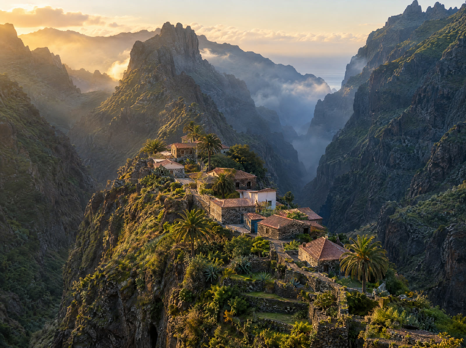 Casas de piedra de Masca sobre una cresta entre barrancos profundos