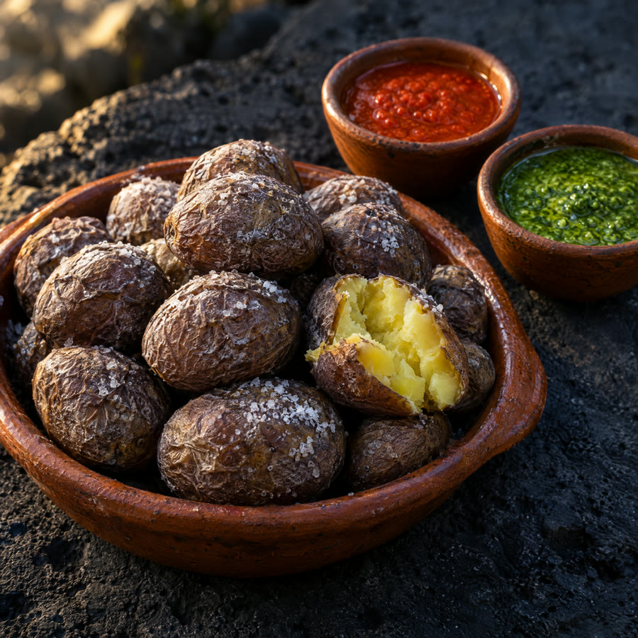 Papas arrugadas con sal y cuencos de mojo rojo y mojo verde