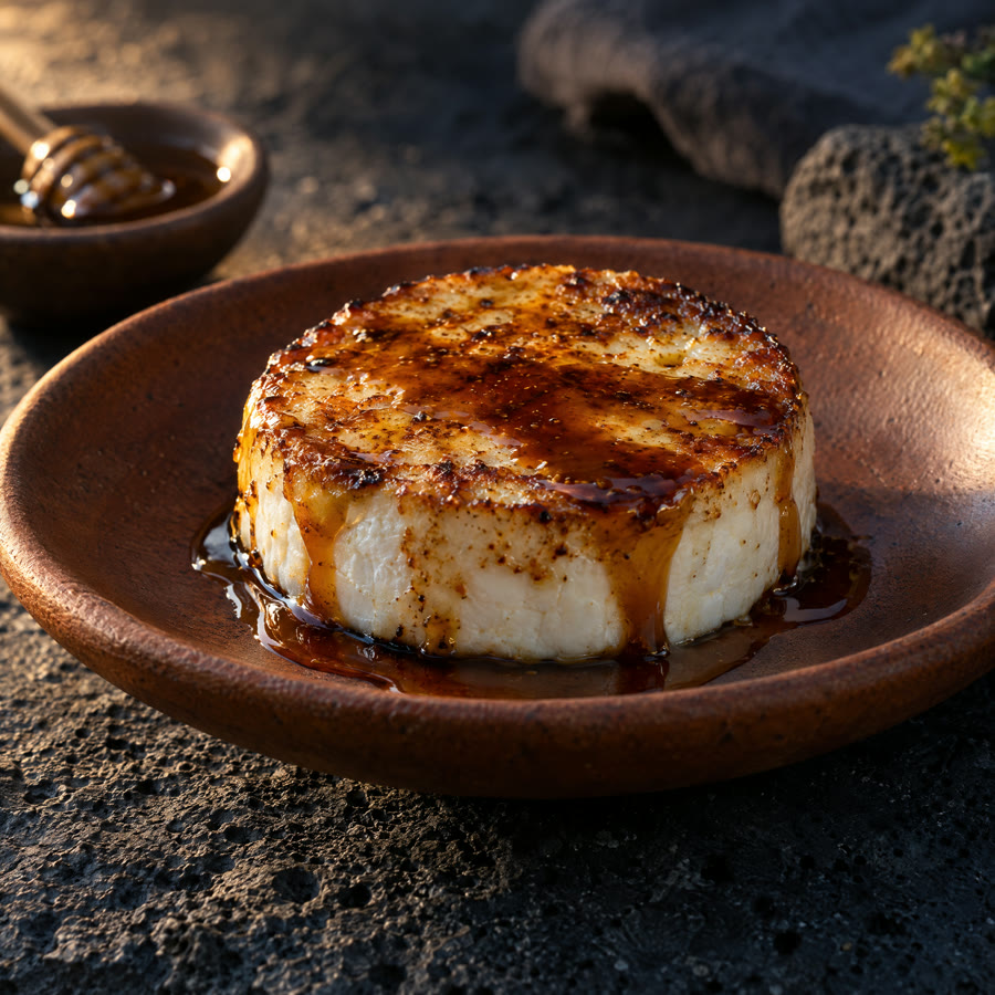 Queso de cabra asado y dorado con miel de palma por encima