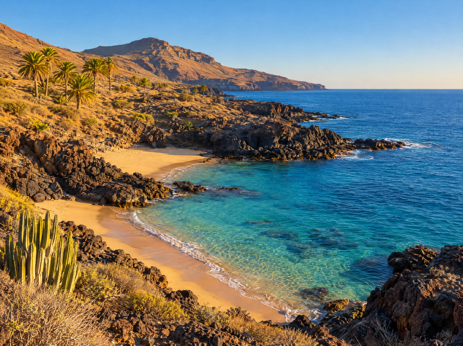 Costa soleada del sur de Tenerife con playa y mar azul