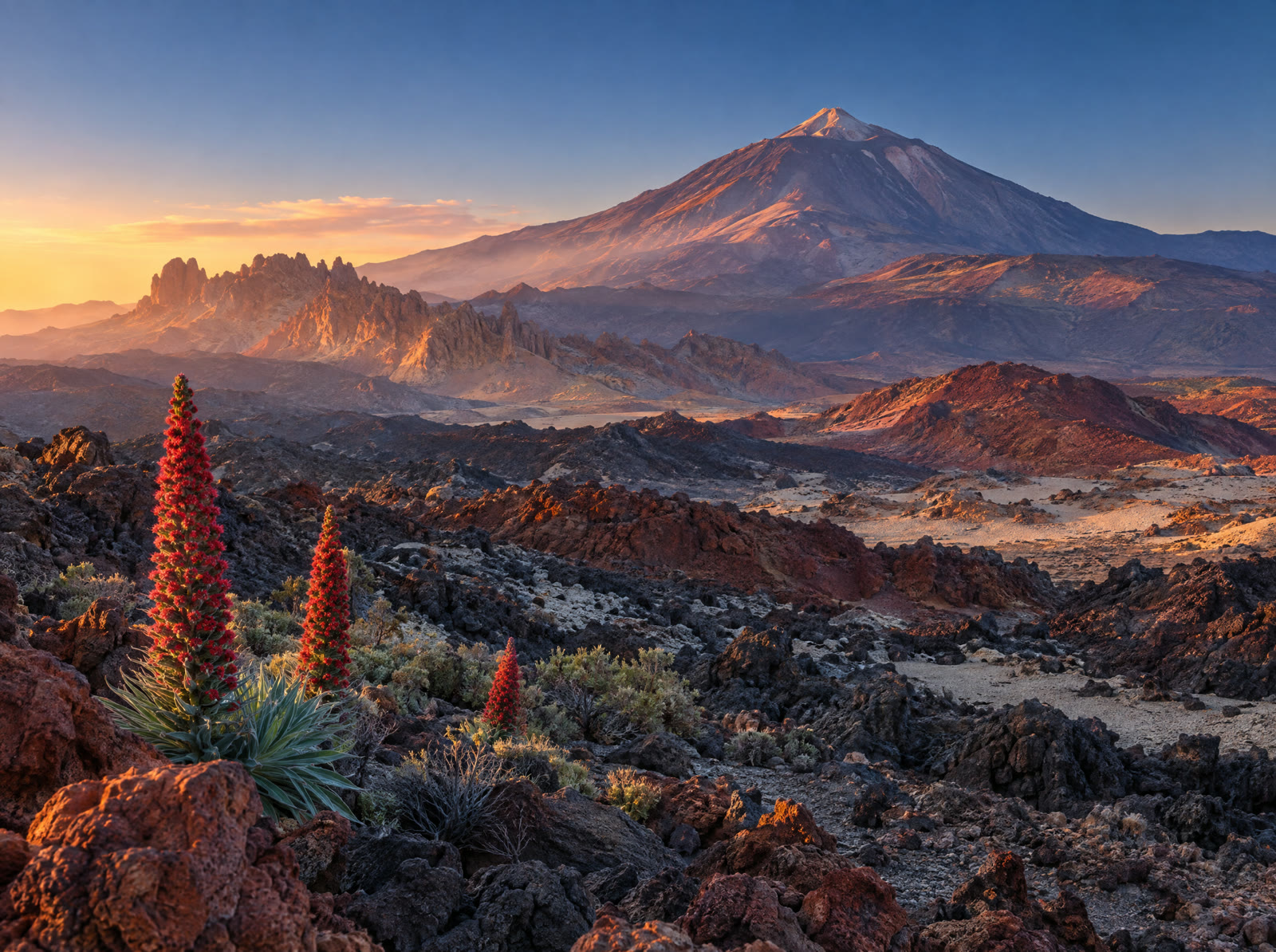 Coladas de lava y rocas rojizas en Las Cañadas del Teide, con el pico al fondo